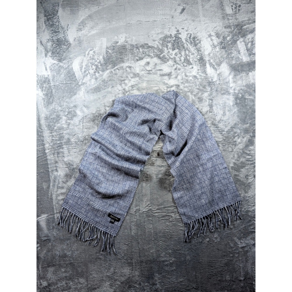 Joseph & Feiss Blue Grey Glen Plaid 100% Wool Fringe Scarf Mens Winter Accessory